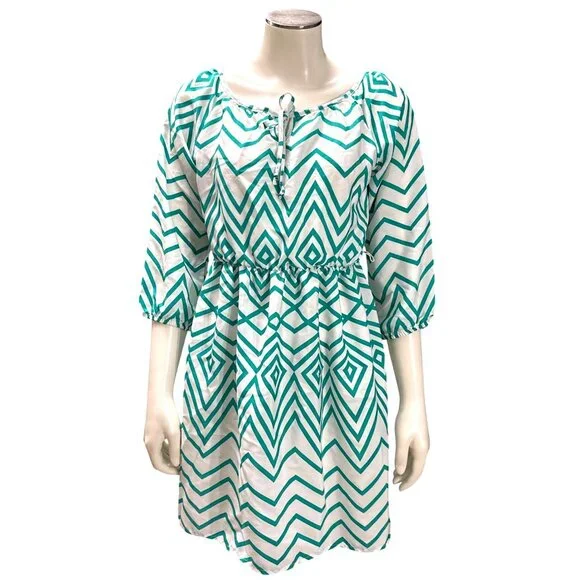 My Michelle Size XL White Teal Chevron Tie Neck Lined Laceback Boho Resort Dress - Picture 2 of 12